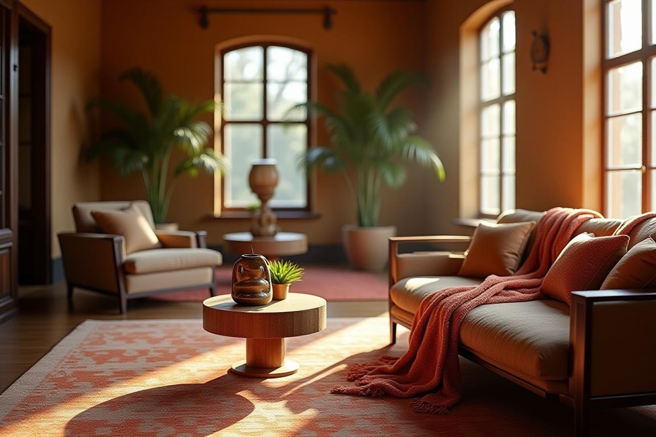 Warm, inviting interior scene with handcrafted furniture and exotic textiles, bathed in soft morning light.