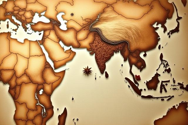 Ancient map with routes marked, overlaid with images of exotic spices and textiles.