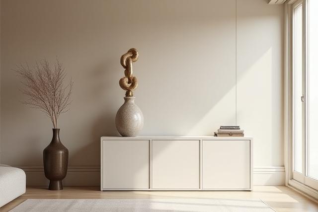 A modern living room with a unique abstract sculptural art piece displayed on a console table, showcasing elegant styling